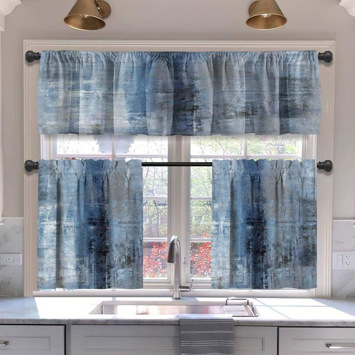 Alishomtll Kitchen Curtains And Valances Sets Blue Grey Rod Pocket 