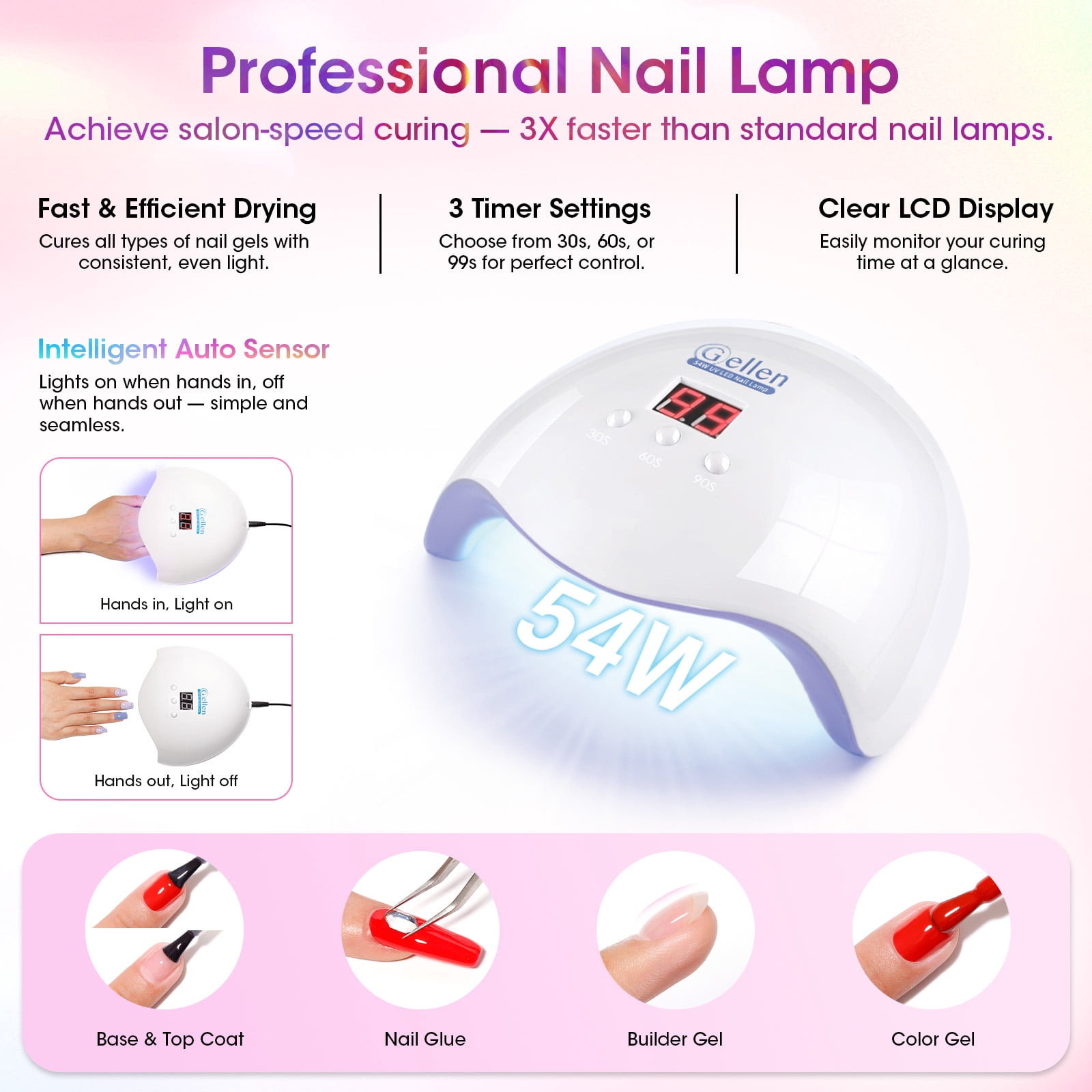 Gellen 71Pcs Gel Nail Polish Kit with 54W UV Light, 32Colors Rainbow Glow All Seasons Hema-Free Gel Polish Set with 5pcs Functional Gel Top Base Coat, Nail Art Salon Manicure for Women
