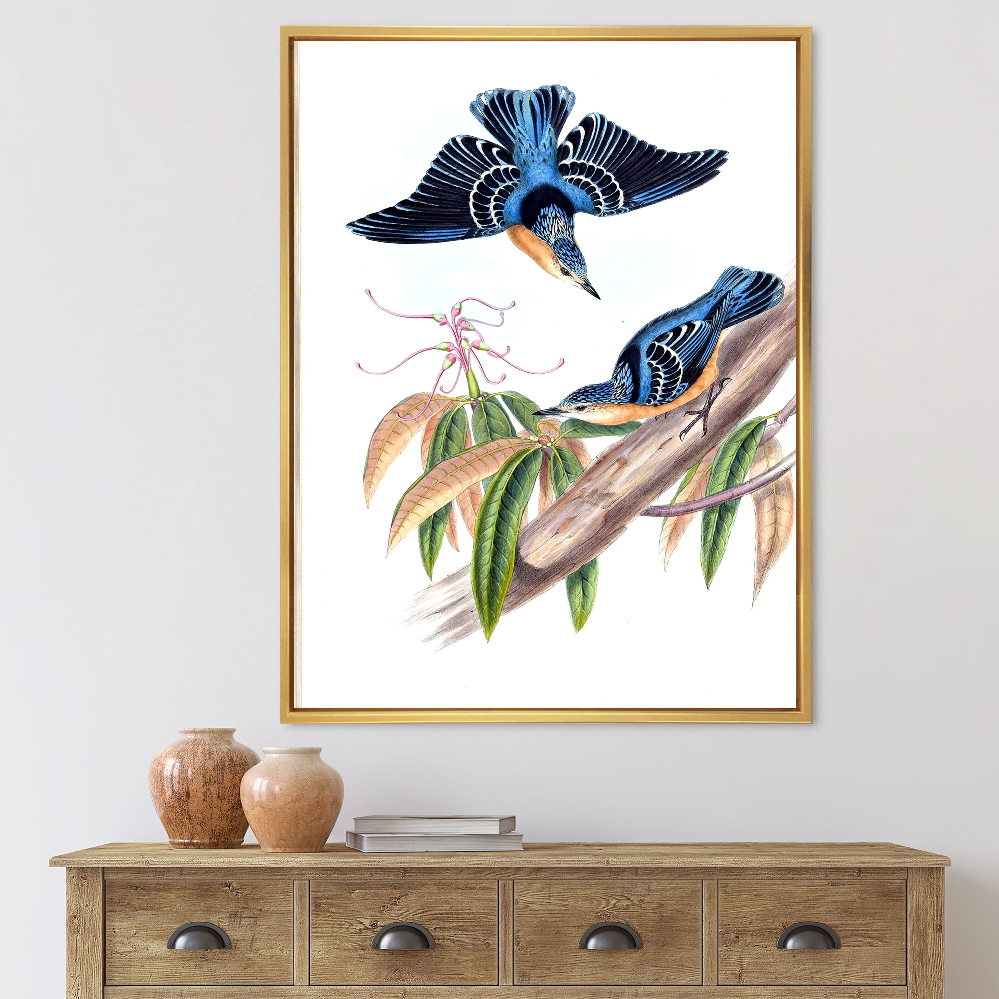 Vintage Countryside Birds On Branch V 16 in x 32 in Framed Painting Canvas Art Print, by Designart