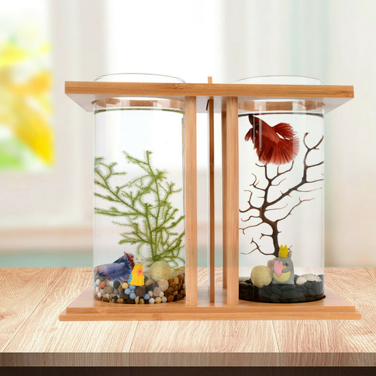 Ecological Fish Tank Dual Glass Desktop Mini DIY Goldfish Aquarium Creative  Bamboo Wooden Frame Durable LED Light Function Fully Transparent Design