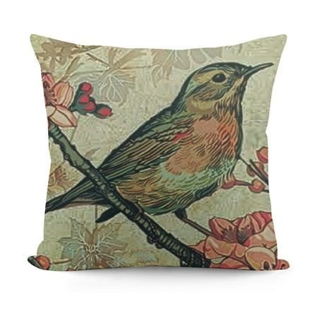 Bird Pillow Case Vintage Nature Floral Birds On Tree Branch Flower Decorative Throw Pillow Cover Square Cushion Canvas for Women Men Beige Red