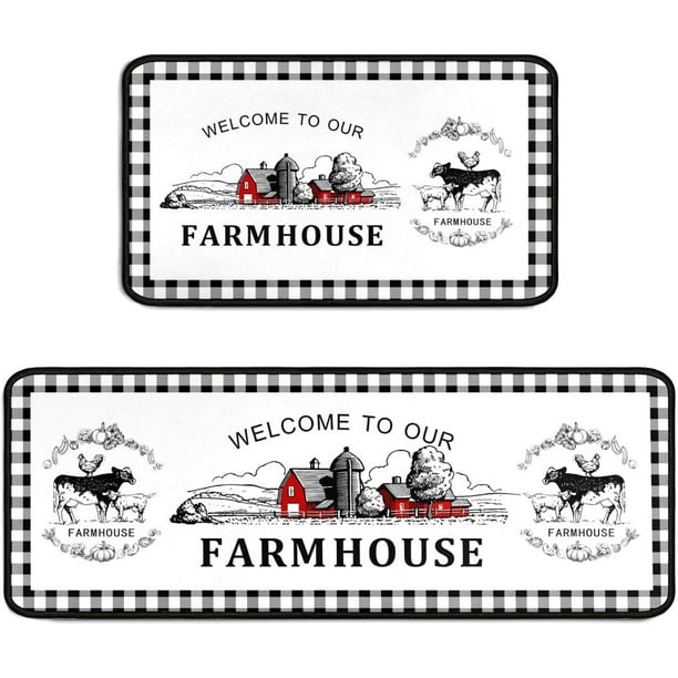 Farmhouse Buffalo Plaid Rooster Kitchen Rugs Decor 2 Pieces Set Black