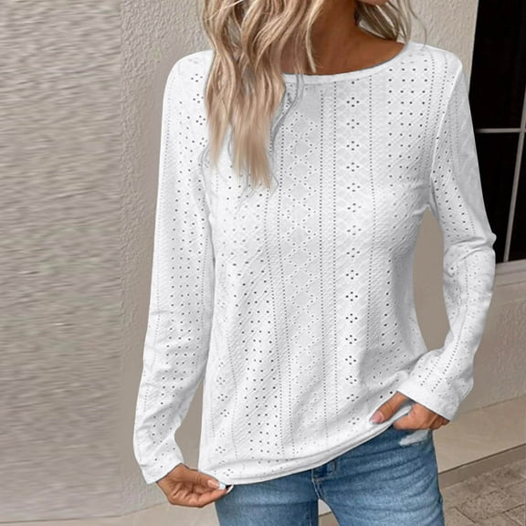 Miluxas Womens Long Sleeve Blouse Eyelet Tops Dressy V Neck Shirts Tunic Tops White 10(XL)