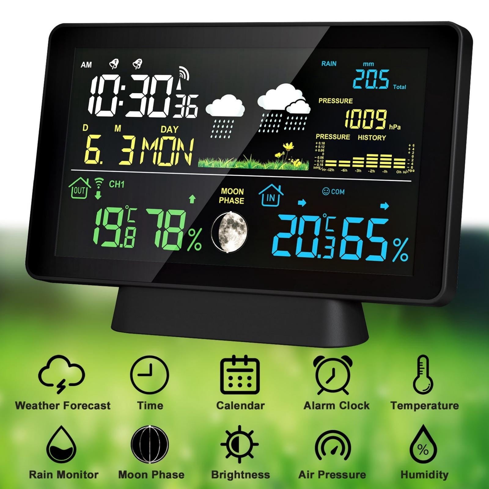 7.5‑Inch Color Screen Weather Station With Rain Gauge, Indoor Outdoor Temperature And Humidity, Atmospheric Pressure, Calendar, Alarm Clock, WWVB Auto Calibration, Triple Remote Sensors