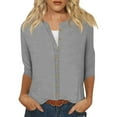 thumbnail image 2 of Women's Crew Neck 3/4 Sleeve Shirts Tops Basic Button Down Open Front Cardigan Solid Color Loose Cute Tunic Tee Blouses Cardigan Sweaters for Women, 2 of 2