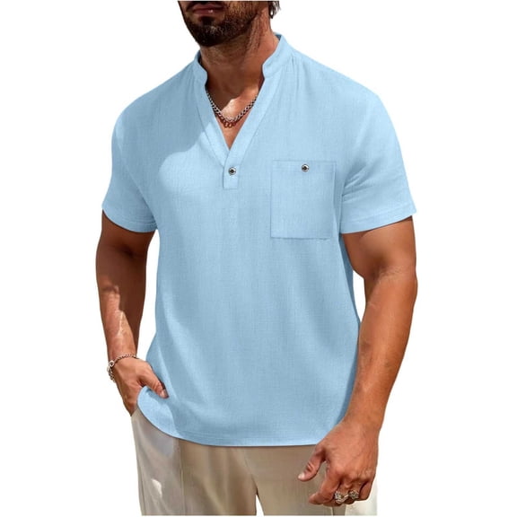 Men's Summer Casual Linen V-Neck Shirt Pocket Short Sleeve Shirt for Beach Vacati,XXL,Sky Blue