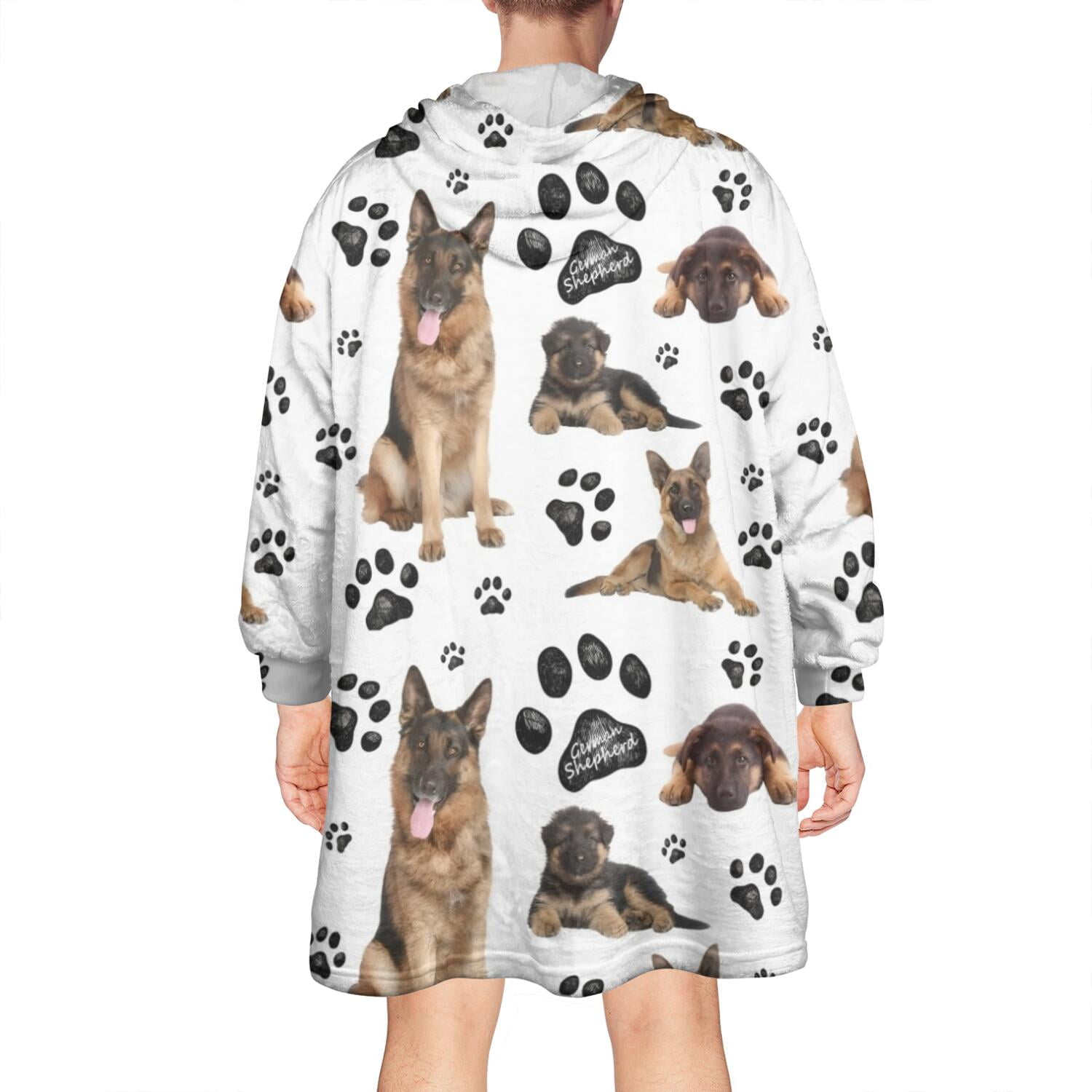 German Shepherd Dog and Footprint Wearable Oversized Blanket,Wearable Blanket Hoodie for Adults,Cozy Hooded Blankets with Super Pockets,Super Warm Fuzzy Pullover for Women & Men