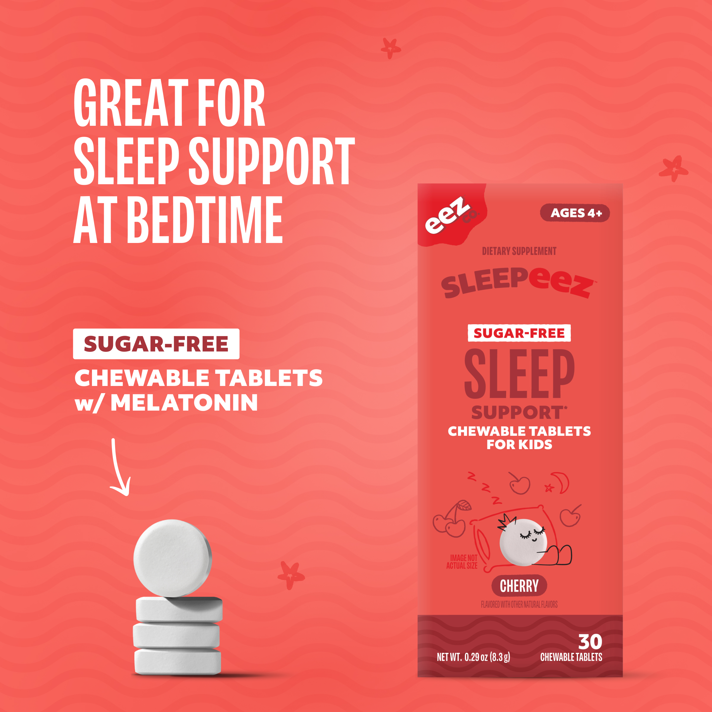 Sleepeez Sugar-Free 1mg Melatonin Chewable Tablets for Kids - Cherry Flavor, 30 Count