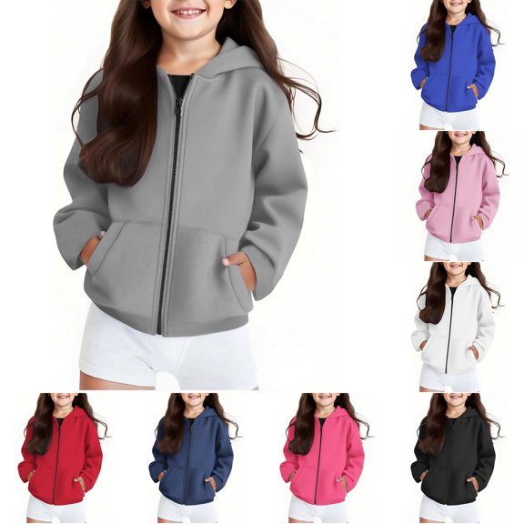 Shadoumai Girls Fleece Hooded Sweatshirt Kids Zip Up Jacket Warm Pullover With Straight Sleeves Casual Outerwear For Teen