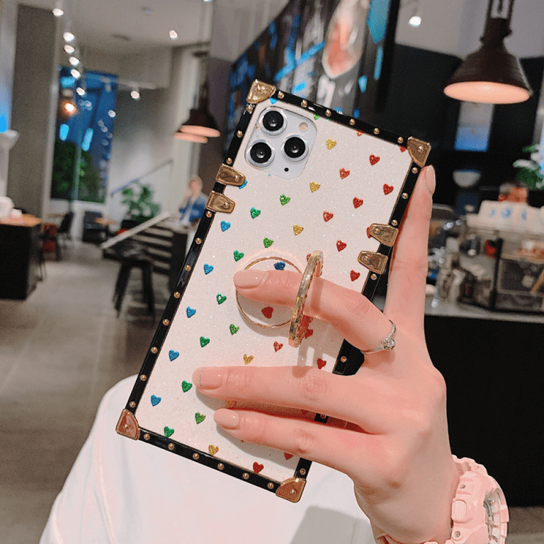 Square Pink Case Compatible with iPhone 13 Pro Max, Luxury Clover Pattern  Shockproof Protection Heavy Duty Phone Case with Ring Stand 