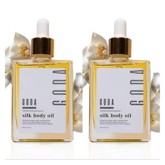 Goda Silk Body Oil, 2 Pack, Bath & Shower Oil for Smooth & Hydrated Skin, Refreshing & Non-Greasy, Infused with Shea Butter & Coconut Oil, Vitamin E, Makeup Organizers Gift, 50ml