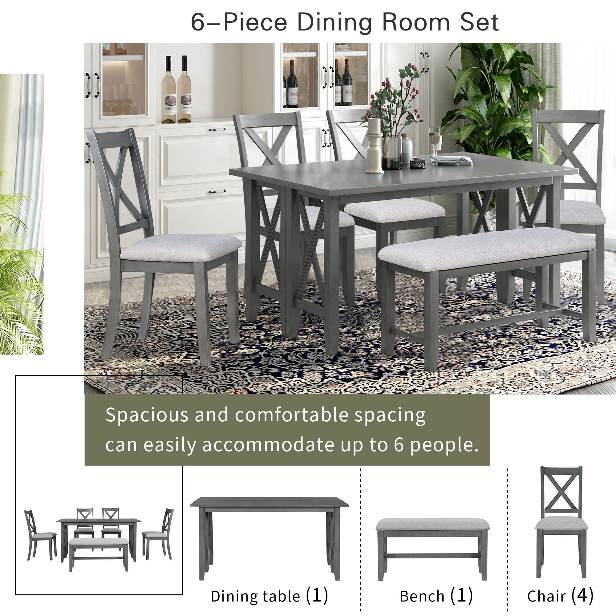 Howcool 6-Piece Solid Wood Dining Set, Space Saving Foldable Table, 4 Chairs & Bench, Gray