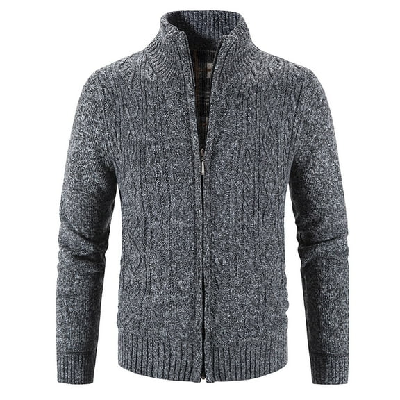 UTTOASFAY Mens Zip Up Knitted Cardigan Thick Sweater Stand Collar Fleece Lined Warm Gray 8(L)