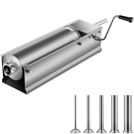 KFFKFF Hand-Operated Sausage Filler, 7 L / 15 LBS Capacity, Horizontal Meat Injector, Two-Speed, Constructed with 304 Stainless Steel, Comes with 5 Filling Nozzles, Suitable for Domestic