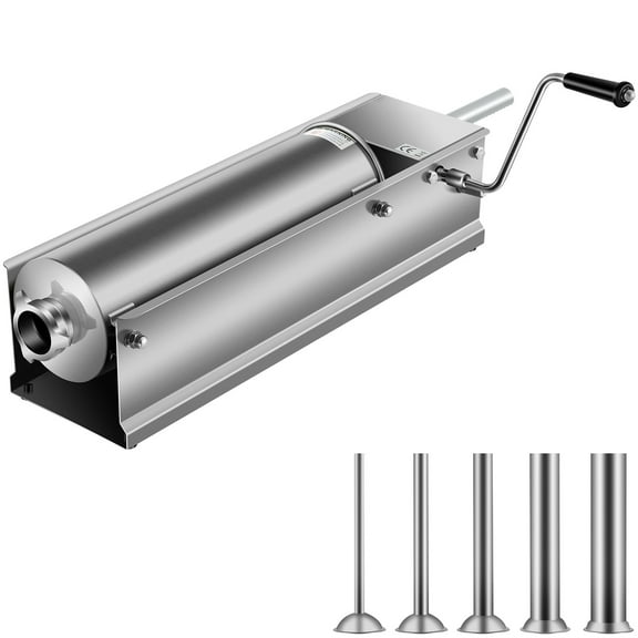KFFKFF Hand-Operated Sausage Filler, 7 L / 15 LBS Capacity, Horizontal Meat Injector, Two-Speed, Constructed with 304 Stainless Steel, Comes with 5 Filling Nozzles, Suitable for Domestic