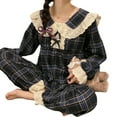 thumbnail image 4 of Conjunto de pijamas a cuadros para mujer, ropa de dormir cómoda con cuello de muñeca, manga larga, linda ropa de dormir a cuadros de encaje para el hogar, 4 of 8