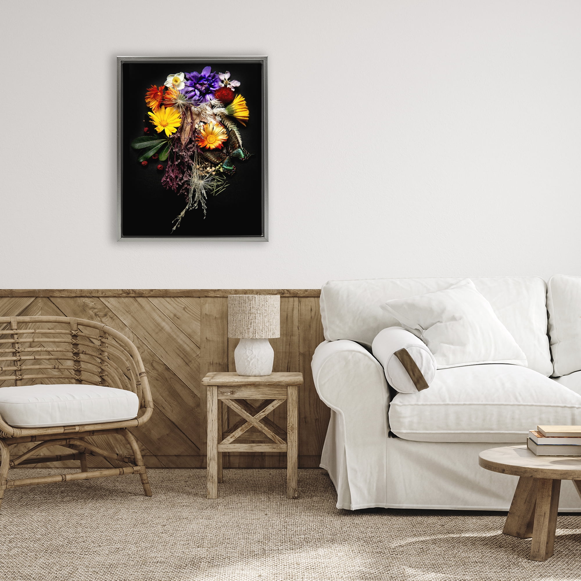 Stupell Industries Butterfly Adorned Arrangement Gray Framed Floater Canvas Wall Art, design by Carl Kravats