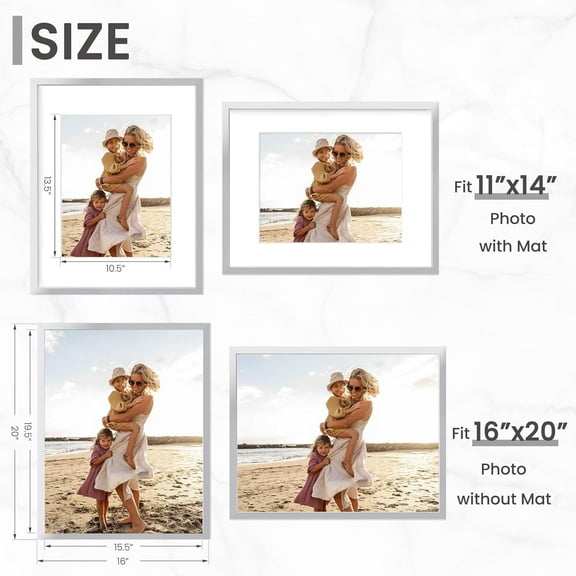 16x20 Aluminum Picture Frame - Silver Metal Wall Mount with Mat for 11x14 Photo - Modern Style Set of 3