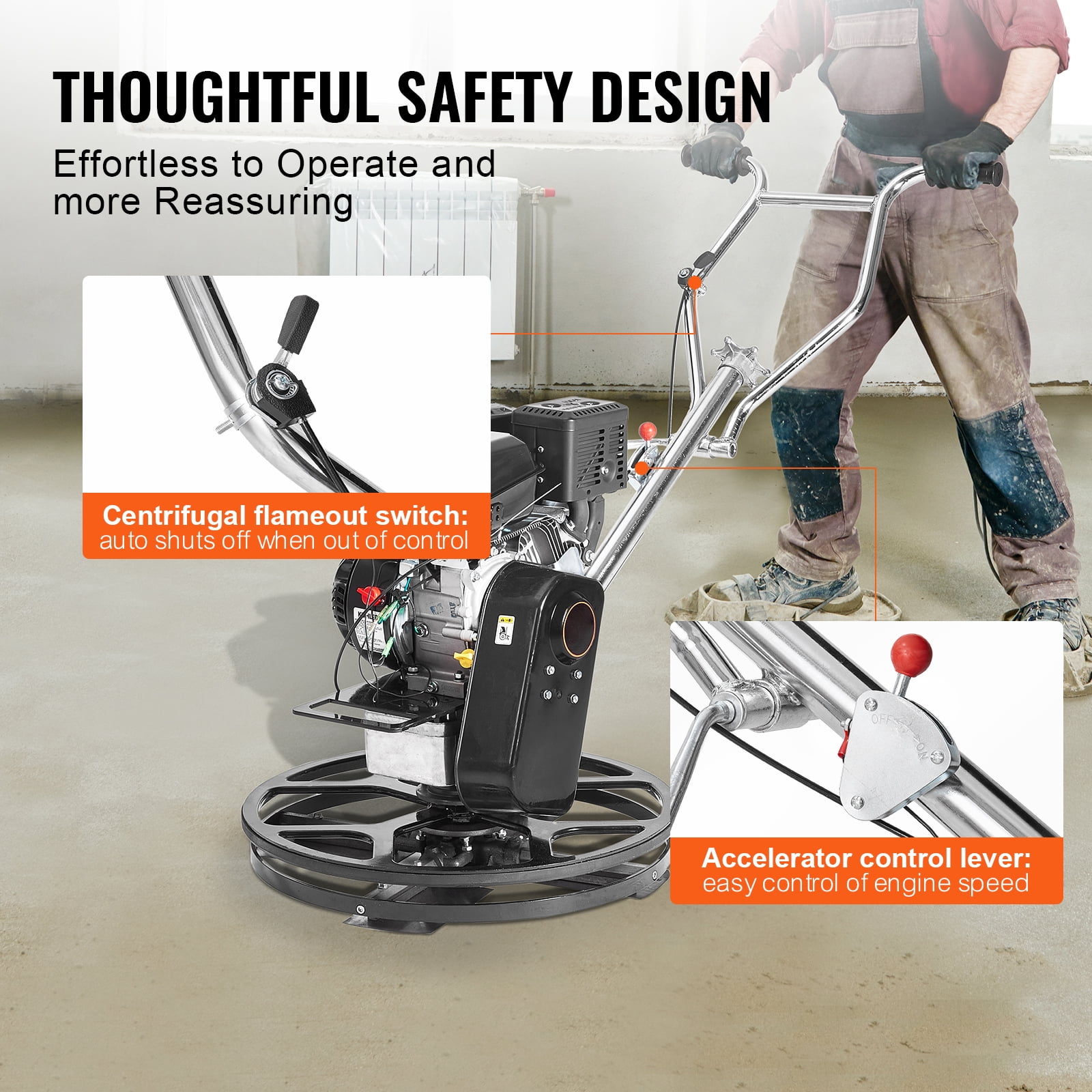KFFKFF 24'' Walk-Behind Power Trowel, Gas-Powered Cement Finisher with Float Pan, 6HP Engine for Smoothing Concrete Surfaces, Durable Construction Tool with Finishing Blade, Orange