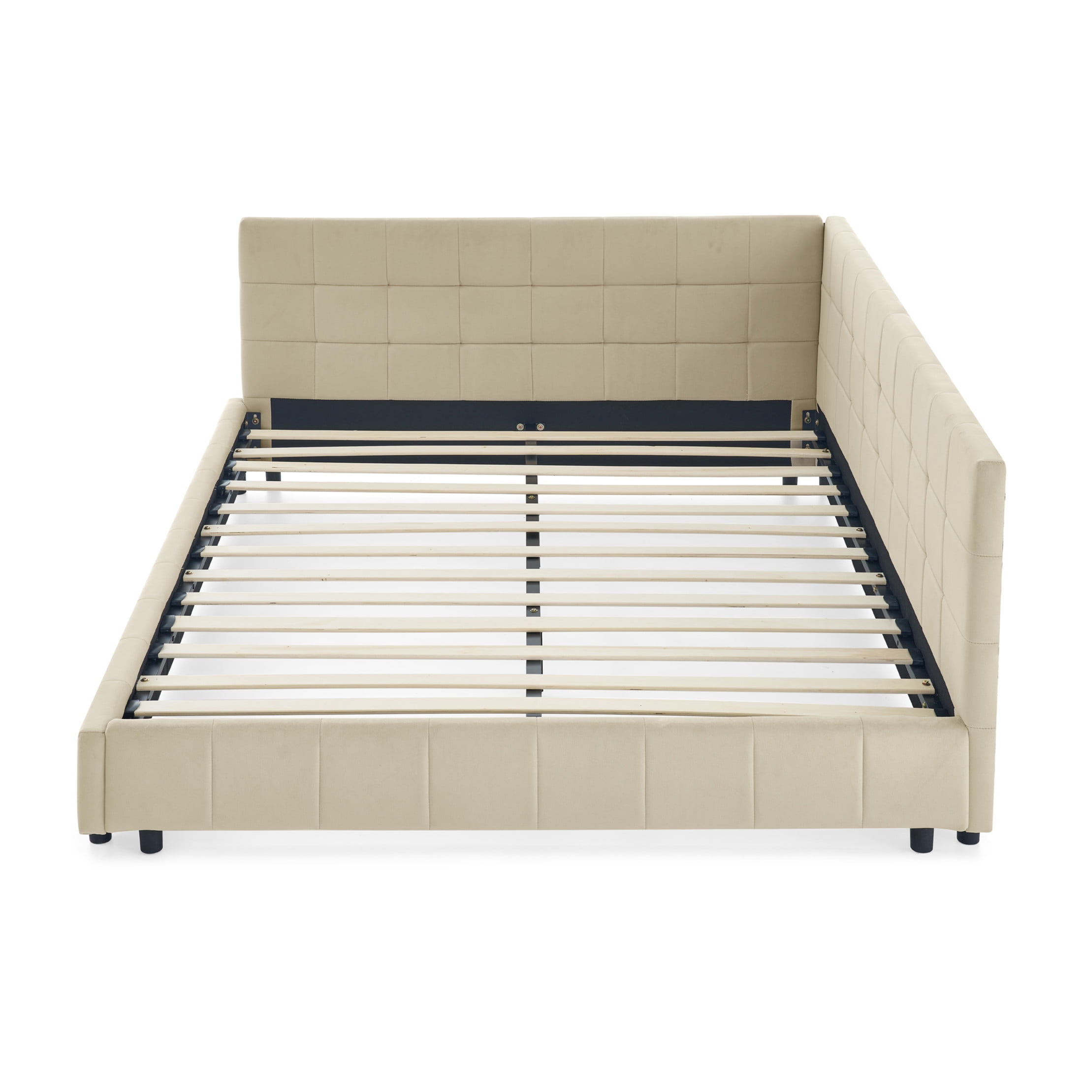 Queen Size Upholstered Tufted Storage Bed Frame with Backrest & Armrests, Velvet, Bedroom & Living Room, Beige