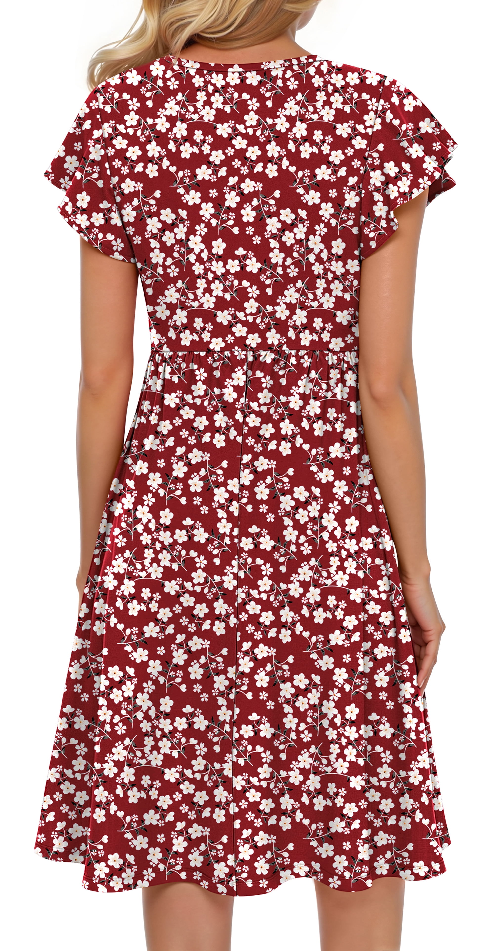 Fantaslook Women Summer Dresses V Neck Ruffle Sleeve Casual Flowy Sundresses Button Floral Midi Dress with Pockets