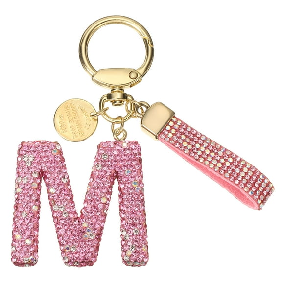 Uxcell Initial Letter Keychain Cute Letter-M Sparkly Rhinestone Key Chain Charm Pink