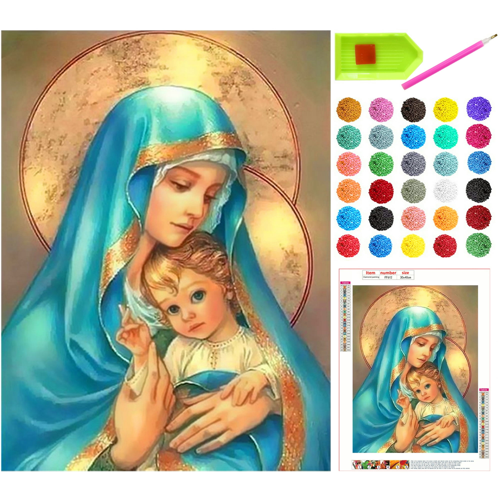 DIY 5D Diamond Painting Kits Full Drill Resin Diamond Painting Mother Mary Diamond Pictures for Wall Decoration, Madonna and Child, 12''x16''