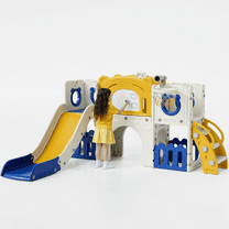 TLSUNNY 10-in-1 Toddler Slide Set, Kid Climber Slide Playset, with Basketball Hoop and Ball, Drawing Board, Non-Slip Steps, Tunnel, Indoor Outdoor Playground for Age 3