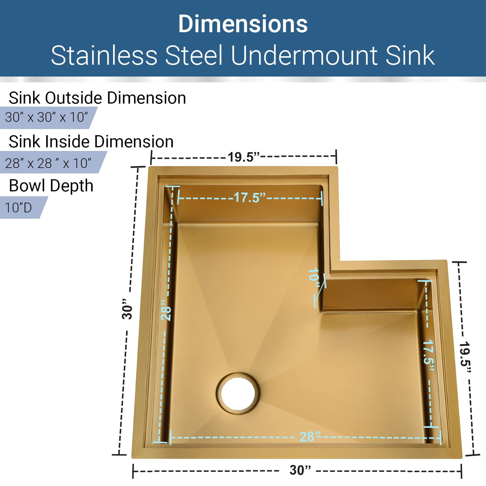 Strictly Sinks 30” Workstation Corner Kitchen Sink – Gold Single Bowl 16 Gauge Stainless Steel Corner Sink
