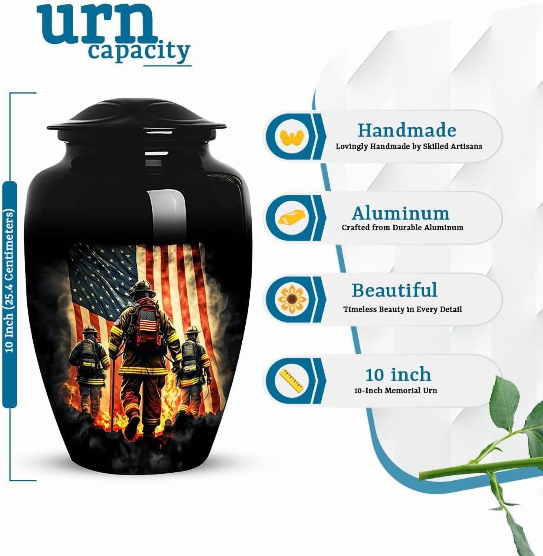 Firefighter Tribute Cremation Urn for Human Ashes, Large Urn for Adult Human Ash, Patriotic Urns for Ashes Adult Male, American Flag Urn for Ash,(Size 10”, 1 Pc)