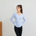 thumbnail image 3 of Ropa deportiva de manga larga con cuello en V y doble volante, ropa deportiva de secado rápido, Top de Yoga elástico de tela de nailon adelgazante que cubre el vientre, 3 of 5