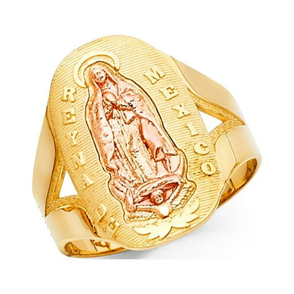 14k Two Tone Italian Gold Reyna De Mexico Virgen Guadalupe Ring 20mm
