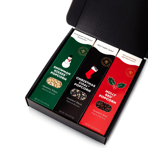 Christmas Popcorn Kernels 3-Pack - Make Your Own Christmas Candy Popcorn and Snack Gift Set - Christmas Coal, Holly Red and Snowman Kisses Popcorn Kernels - Dell Cove Spices