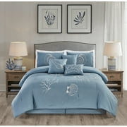 Kashi Home Queen Size Comforter Set 7 Pieces Blue Bedspread (86 * 86 Inch) with 2 Pillow Shams, Bedskirt and Decorative Pillows, Embroidered Lightweight Bedding - Cecily