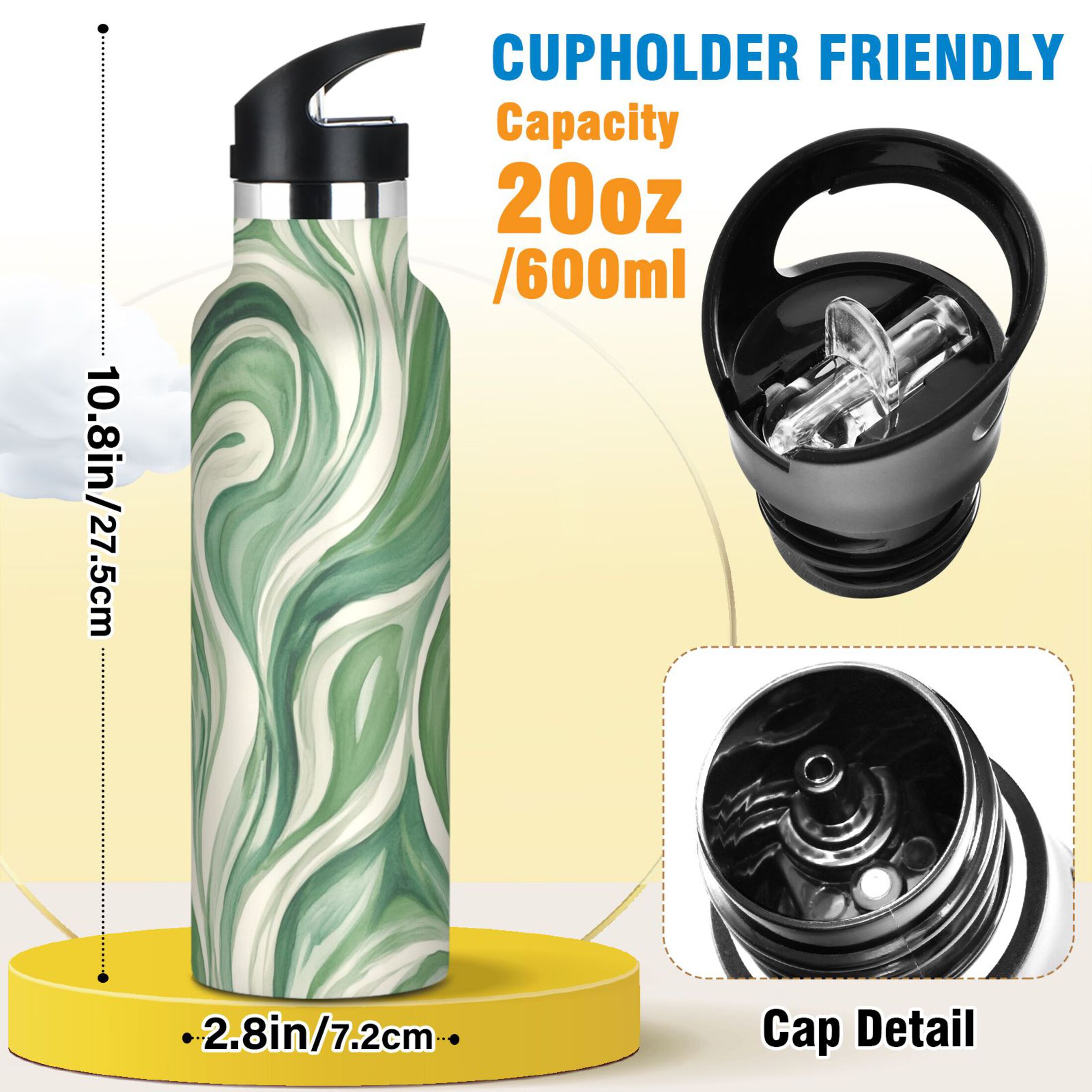 Kids Insulated Stainless Steel Sports Water Bottle 600ml (20oz) Green and White Swirling Lines