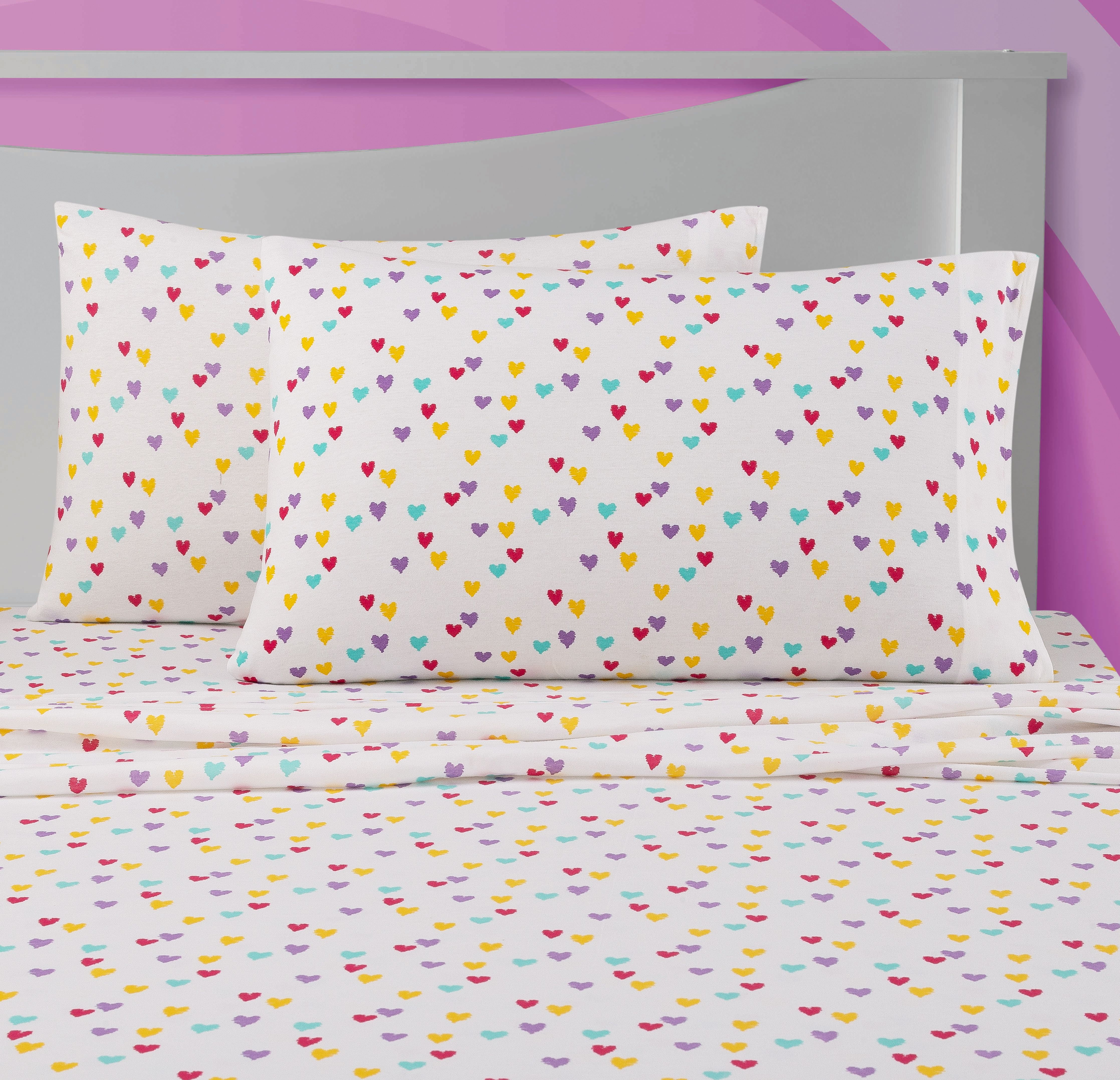 Your Zone Teens Jersey Hearts Sheet Set, Queen, Multicolor, 4 Pcs