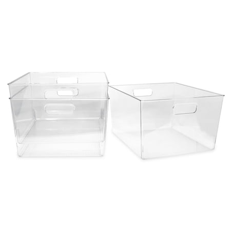 Isaac Jacobs Clear Bin Organizers with Handles  Extra-Large  3-Pack – Stackable Plastic Storage Bins for Kitchen  Pantry  Fridge  and Home Organization