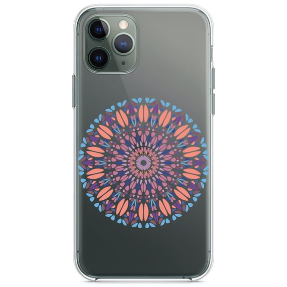DistinctInk Clear Shockproof Hybrid Case for iPhone 12 / 12 PRO (6.1" Screen) - TPU Bumper Acrylic Back Tempered Glass Screen Protector - Modern Mandala - Blue Peach Purple
