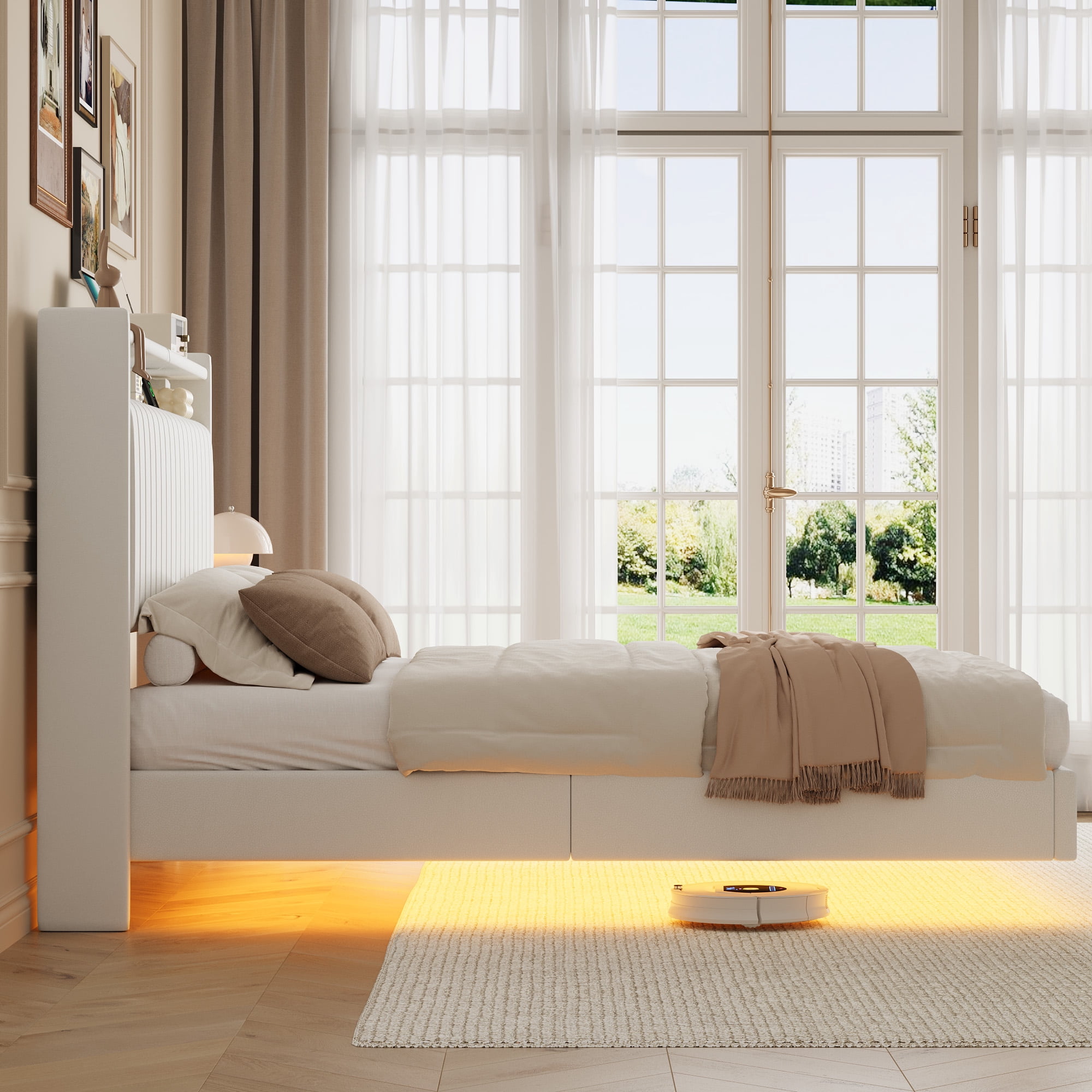 Amkui Queen Bed Frame with Upholstered Headboard, Metal Platform Bed with USB Charging Station & Storage, Floating Bed Frame with Romantic LED Lights, Easy Assembly, No Box Spring Needed