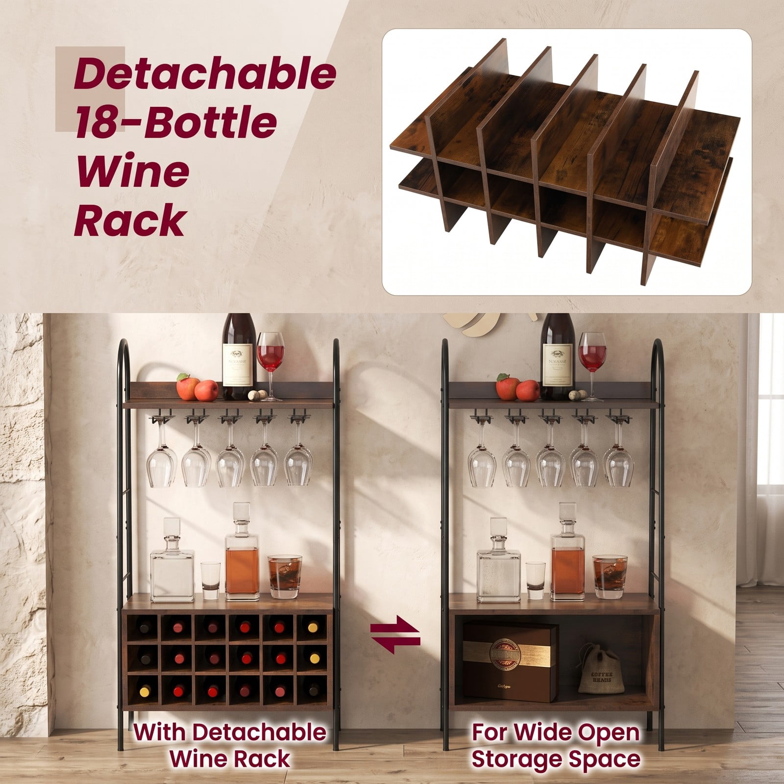 RUIE Baker's Rack with Detachable Wine Rack and 5 Rows of Stemware Holder, Freestanding Kitchen Storage Shelf Holds 18 Bottles and 15 Glasses, Metal, Rustic Brown