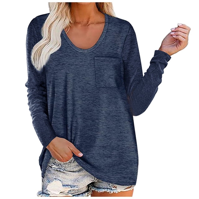 Birdeem T-Shirt Décontracté pour Femme à Col Rond Uni, Coupe Ample, Manches Longues, Poches, Blouse Unie