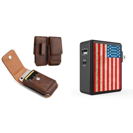 Holster and Wall Charger Bundle for Samsung Galaxy A13 4G: Vertical Magnetic Belt Pouch Case Clip (Brown) and 45W Dual USB Port PD Type-C and USB-A Power Adapter (Vintage American Flag)