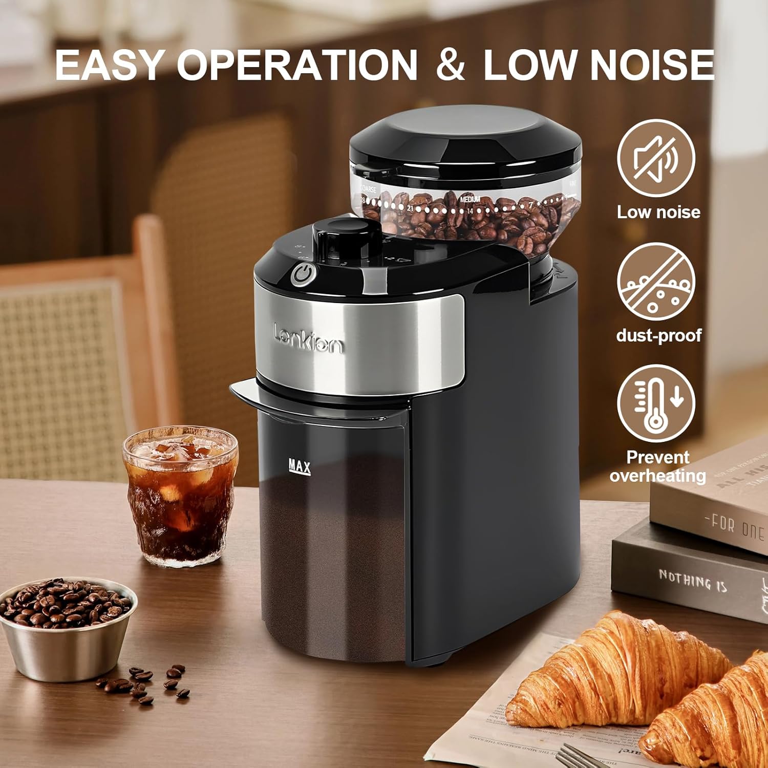 Burr - Electric Coffee Bean Grinder with 28 Adjustable Grind Settings For 2-12 Cups - Adjustable s for Home Use - Easy to Use - Stainless Steel
