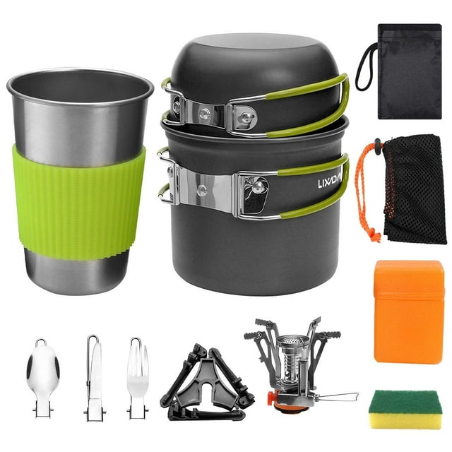 Ensemble Compact de Batterie de Cuisine de Camping avec Casseroles, Poêles et Ustensiles, Trousse de Dégâts Extérieure pour la Randonnée et les Pique-Niques, Comprend une Cuisinière et un Étui de Transport