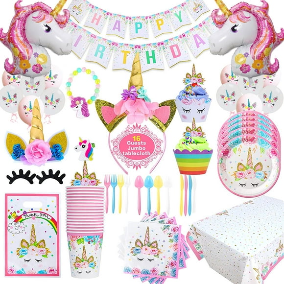Unicorn Party Supplies and Plates for Girls Birthday - Unicorn Birthday Party Decorations Set with Goodie bags,Unicorn Ring,Unicorn Bracelet, XL Table Cloth for Creating Amazing Unicorn Theme Party