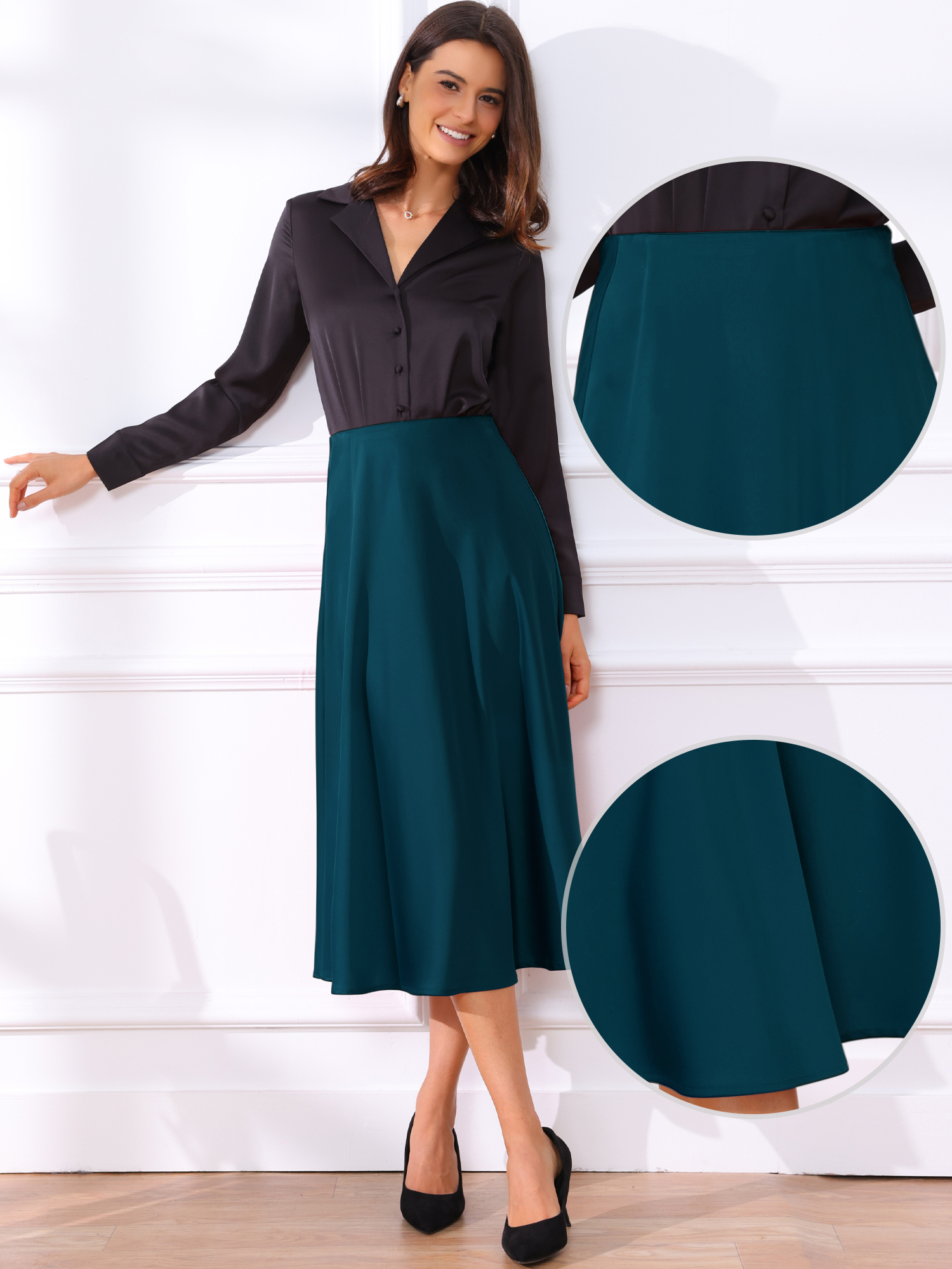 DARING DIVA Women's High Waist Satin Flared A Line Midi Skirts XL Lake Blue