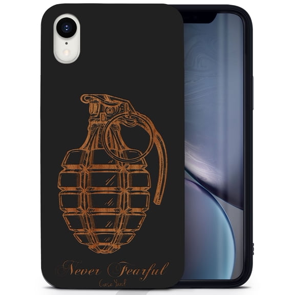Wood phone case for iPhone XR compatible protective cell phone cover shockproof slim fit laser engraved Never Fearful design Black wood case for Men & Women by CaseYard