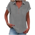 thumbnail image 2 of Women's Pocket Collar Shirt, Short Sleeve Solid Color Button Down Casual Top, Utility Chic Blouse for Street Style or Daily Adventures,Gray - L, 2 of 7