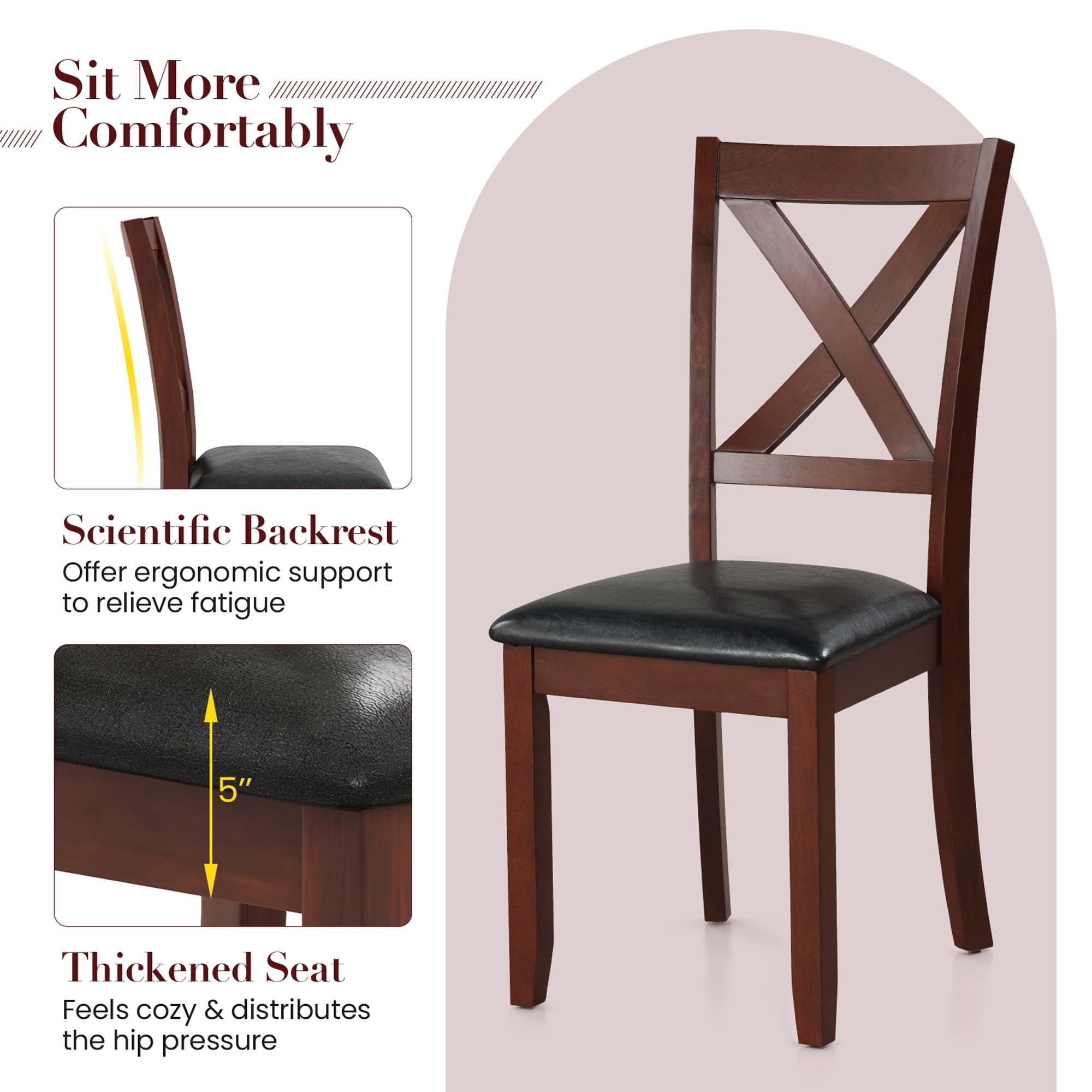 Costway Wooden Dining Chairs Set of 2 Kitchen Side Chair with Padded Seat Rubber Wood Legs