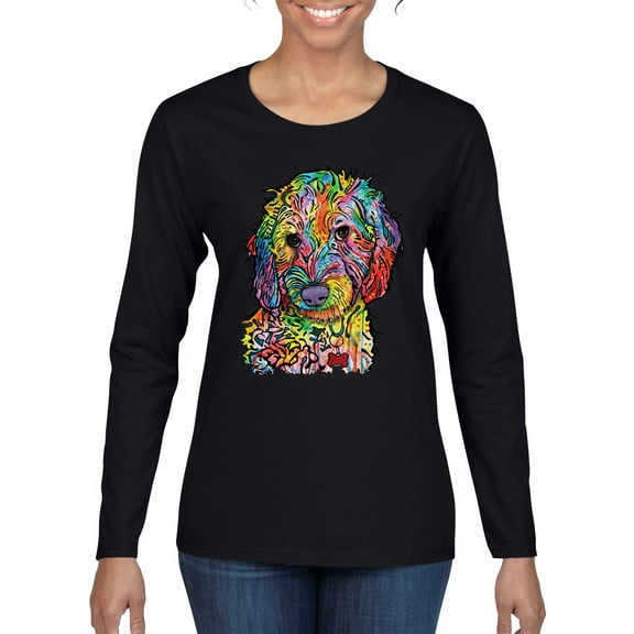 Dean Russo Sweet Poodle Dog Lover Womens Graphic Long Sleeve T-Shirt, Black, Large